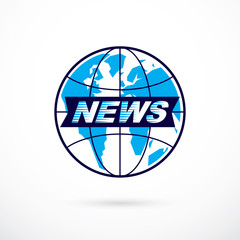 Journalism theme vector emblem created with Earth planet illustration and news writing, News and facts reporting.