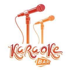 Karaoke bar lettering, vector microphone emblem. Leisure and relaxation lifestyle presentation