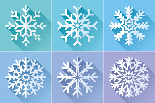 Snowflake icon set in flat style. Сold colors background. Ice crystals. Vector winter design element for you Christmas and New Year's projects