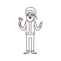 santa claus caricature full body holding a bell with hat and costume silhouette on white background