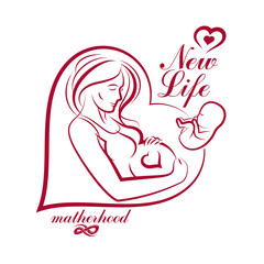 Elegant pregnant woman body silhouette drawing. Vector illustration of mother-to-be fondles her belly. Obstetrics and gynecology clinic advertising banner