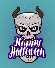 Happy Halloween, greeting card. Monster with horns, devil, demon cartoon. Handwritten lettering, calligraphy vector illustration