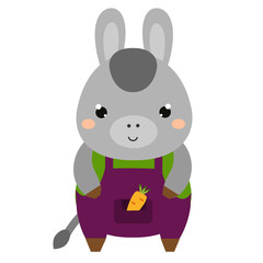 Cute donkey in jumpsuit. Cartoon kawaii animal character. Vector illustration for kids and babies fashion