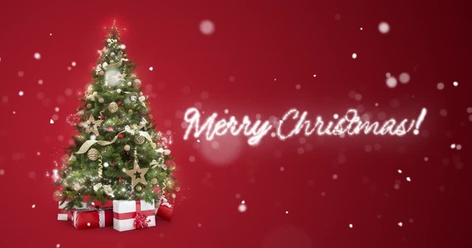 sparkling lights xmas tree and Merry Christmas greeting message in english on red background,snow flakes.Text space to place logo type or copy at the end.Animated Christmas present gift card 4k video