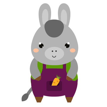 Cute donkey in jumpsuit. Cartoon kawaii animal character. Vector illustration for kids and babies fashion