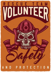 T-shirt or poster design with illustration of firefighter's skull. Raster copy.