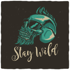 T-shirt or poster design with illustration of hipster's skull. Raster copy.