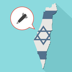 Animation of a long shadow Israel map with its flag and a comic balloon with a bomb