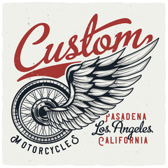 T-shirt or poster design with illustration of motorcycle wheel and wing