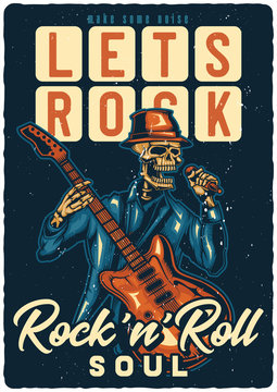 T-shirt or poster design with illustration of skeleton that singing and playing guitar. Raster copy.