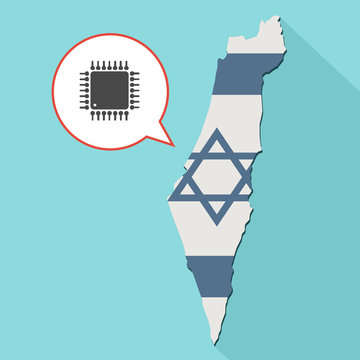 Animation of a long shadow Israel map with its flag and a comic balloon with a cpu chip