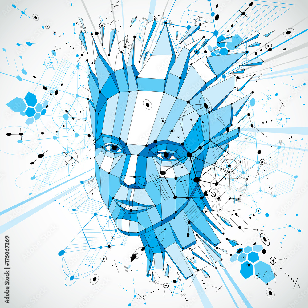 Poster futuristic 3d vector background made using bauhaus elements. head of woman exploding with thoughts c