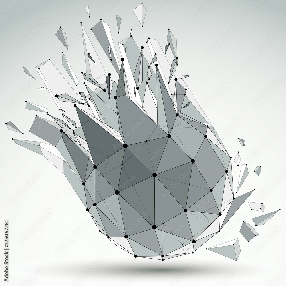 Poster 3d vector low poly object with black connected lines and dots, geometric wireframe shape with refrac