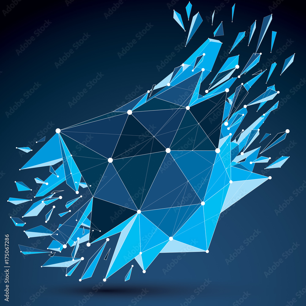 Aufkleber perspective technology demolished shape with white dotted lines connected, polygonal blue wireframe 