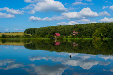 Fototapeta na wymiar Big lake with forest and sky