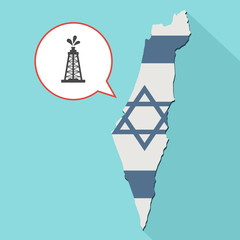 Animation of a long shadow Israel map with its flag and a comic balloon with a oil tower