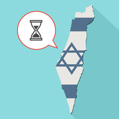 Animation of a long shadow Israel map with its flag and a comic balloon with a sand clock