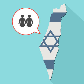 Animation of a long shadow Israel map with its flag and a comic balloon with a lesbian couple pictogram