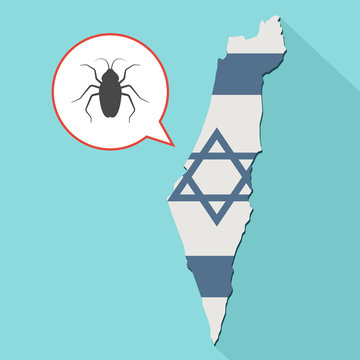 Animation of a long shadow Israel map with its flag and a comic balloon with a cockroach