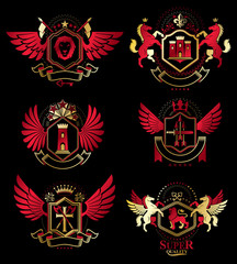 Collection of vector heraldic decorative coat of arms isolated on white and created using vintage design elements, monarch crowns, pentagonal stars, armory, wild animals.