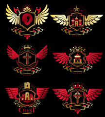 Collection of vector heraldic decorative coat of arms isolated on white and created using vintage design elements, monarch crowns, pentagonal stars, armory, wild animals.