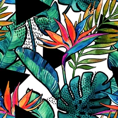 Photo sur Plexiglas Impressions graphiques Feuilles et fleurs tropicales aquarelles avec motif sans couture de contour.