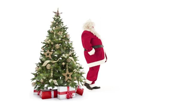 Lights decorated xmas tree with gift boxes and Santa Claus entering,waving and exiting on white background with text space to place logo or copy.Animated Christmas present greeting post card video