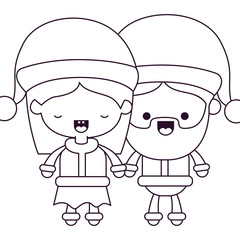 santa claus couple cartoon full body woman eyes closed and man happiness silhouette on white background