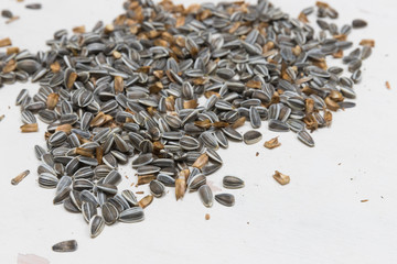 raw organic white and black freshly harvested sunflower seeds on white painted wooden rustic table with copy space