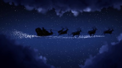 Blue xmas night and clouds, Santa Claus sleight and reindeer silhouette flying showing merry christmas message with text space to place logo type or copy.Animated present greeting post card 4k video - Powered by Adobe