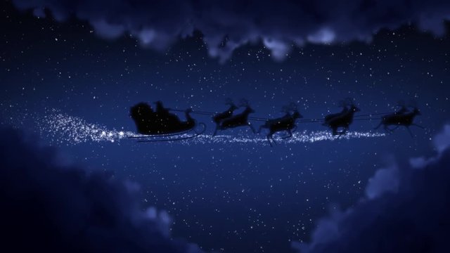 Blue xmas night and clouds, Santa Claus sleight and reindeer silhouette flying showing merry christmas message with text space to place logo type or copy.Animated present greeting post card 4k video