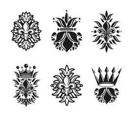 Lily Flowers Royal symbols, floral and crowns,  emblems set. Heraldic Coat of Arms decorative logos isolated vector illustrations collection.