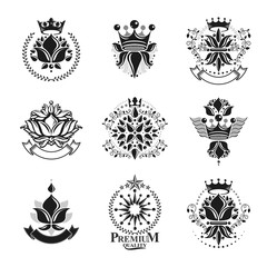Flowers, Royal symbols, floral and crowns, emblems set. Heraldic Coat of Arms decorative logos isolated vector illustrations collection.