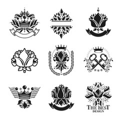 Flowers, Royal symbols, floral and crowns,  emblems set. Heraldic Coat of Arms decorative logos isolated vector illustrations collection.
