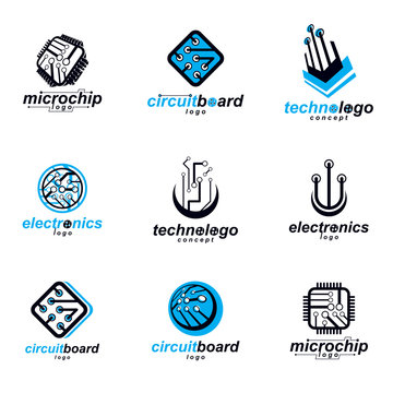 Set of microprocessor scheme abstract logotypes. Futuristic cybernetic vector motherboard. Digital elements, circuit board.
