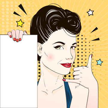 Comic Pop art woman face requests to call and holds white banner. Vector illustration.