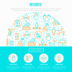 Arthritis concept in circle with thin line icons of symptoms and treatments: pain in joints, obesity, fast food, alcohol, medicine, wheelchair. Vector illustration for banner, web page, print media.