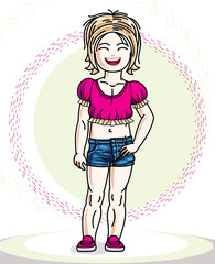 Little blonde cute girl toddler in casual clothes. Vector Illustration of pretty child standing.