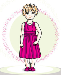 Little blonde cute girl toddler in casual clothes. Vector Illustration of pretty child standing.