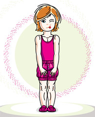 Little blonde cute girl toddler in casual clothes. Vector Illustration of pretty child standing.