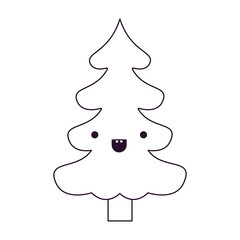 kawaii christmas tree with trunk with smiling expression silhouette on white background