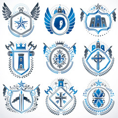 Set of luxury heraldic vector templates. Collection of vector symbolic blazons made using graphic elements, royal crowns, medieval castles, armory and religious crosses.