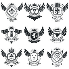 Vector emblems, vintage heraldic designs. Coat of Arms collection, vector set.
