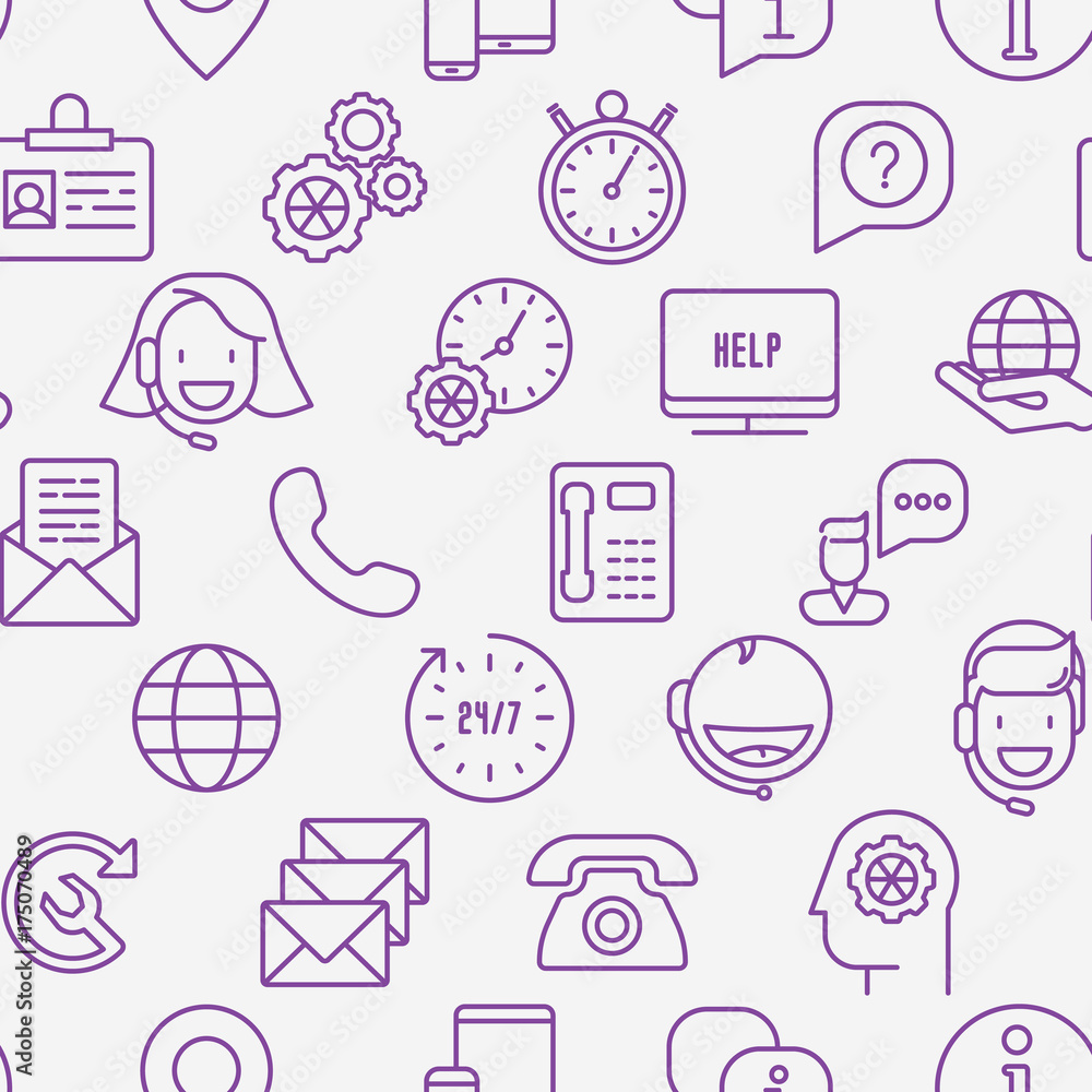 Poster support service seamless pattern with thin line call center or customer service icons. vector illust