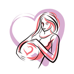 Pregnant elegant woman expects baby, hand-drawn vector illustration composed by heart shape frame. Love and fondle theme. Mothers day.