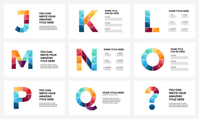 Vector alphabet infographic, presentation slide template. Business infographics concept with letters J, K, L, M, N, O, P, Q, question sign and place for your text. 16x9 aspect ratio.