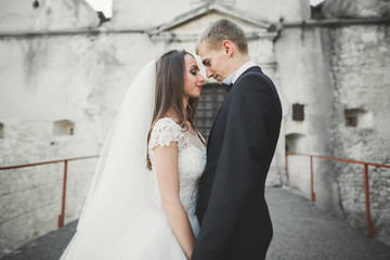 Amazing happy gentle stylish beautiful romantic caucasian couple on the background ancient baroque castle