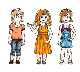 Beautiful little girls cute children standing wearing casual clothes. Vector set of beautiful kids illustrations. Childhood and family lifestyle cartoons.