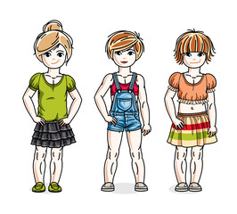 Beautiful little girls cute children standing wearing casual clothes. Vector set of beautiful kids illustrations.