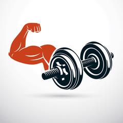 Vector illustration of bodybuilder muscular arm with dumbbell. Power lifting.